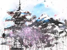 Combination No 32 Spring Time Mt Fuji And Pagoda Painting By Sumiyo Toribe