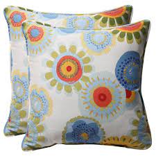 Outside accent pillows are ideal for adding pops of color and comfort, especially when layering patterns and solids for a refreshing effect. Outdoor 2 Piece Square Toss Pillow Set Blue White Yellow Floral 18 Target