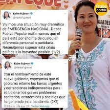 La candidata derechista keiko fujimori lidera la votación presidencial en perú, al obtener el 52,90% de los votos, frente al 47,09% obtenido por el izquierdista pedro castillo, según el recuento del 42,30. Frase Corta V Twitter Nacional Keiko Fujimori El Pais Esta Por Encima De Cualquier Diferencia Personal O Partidaria En Su Cuenta De Twitter Keiko Fujimori Lidereza De Fuerza Popular Se Pronuncio Tras