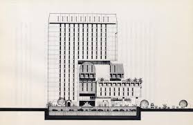 Elevation Of The Complex Showing A Ten Story Arched Opening In The Commercial Building That Provides Views To The Headqu Building Architecture Drawing Complex