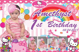 Hello kitty desktop, pink color, copy space, pink background. Creative Rainbow And Hello Kitty Sample Template For First Birthday Design Tarpaulin