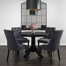 Small Round Dining Table In Black With 4 Velvet Chairs In Grey Rhode Island Kaylee Furn In 2020 Black Round Dining Table Dining Table Chairs Velvet Dining Chairs