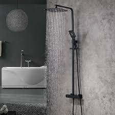 A shower valve connects to the hot and cold water supplies, and controls the flow and temperature of the water to a outlet. Modern Exposed Thermostatic Shower Faucet Matte Black Square Rain Shower System With Hand Shower In 2021 Rain Shower System Shower System Shower Faucet