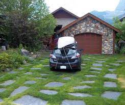 Utilizing a select few materials throughout the frontyard space provide a softer harmonious feel. Driveway Landscaping Photo