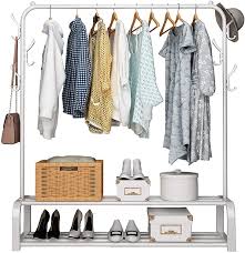 330 lbs load capacity commercial grade clothing garment racks heavy duty double rails adjustable collapsible rolling clothes rack on wheels, chrome finish. Buy Udear Garment Rack Free Standing Clothes Rack With Top Rod Lower Storage And 6 Hooks White Online In Vietnam B07vqdfh16