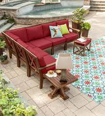 Claremont Sectional Outdoor Seating For A Crowd Eucalyptus Wood Is Sustainable And Durable Cushions Outdoor Sectional Seating Red Patio Furniture Red Patio