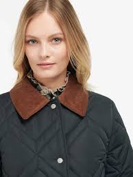 BARBOUR Bonnie Plain Long Quilted Coat in Black/Fern Tartan