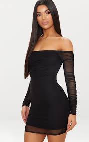 Stone Ruched Mesh Bardot Bodycon Dress Tight Fitted Dresses Bodycon Dress Trendy Dresses