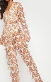 Rose Gold Tassel Sequin Plunge Jumpsuit Prettylittlething Usa