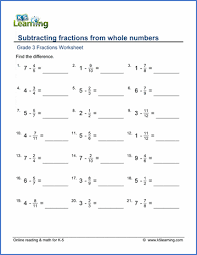High quality online decimal games and fun interactive math activities, for grades 4, 5, and 6th grade. Grade 3 Math Worksheets Subtracting Fractions From Whole Numbers K5 Learning