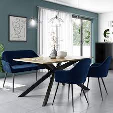 Kemble's yves dining table and cassandra chairs in a george spencer designs velvet are from mismatched chairs around a simple table made of reclaimed pine create a casual atmosphere in the this dining room, designed by eric lysdahl, features dark blue walls and a dark blue ceiling, which. Carson Oak Dining Table With 2 Navy Blue Velvet Dining Chairs And 1 Bench Seats 4 Furniture123