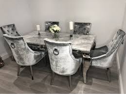The Louis Grey Marble Table Knocker Dining Chairs House Of Elegance In 2020 Marble Dining Dining Table Marble Grey Dining Tables