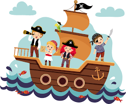 Pirate ship vector kids cartoon piracy backdrop with pirateboat or sailboat on seaside with island and palm illustration. Kids Pirates Illustration Vinyl Decal Tenstickers