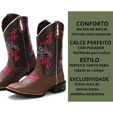 Bota Botina Country Feminina Texana Cano Alto Cowgirl Cavalgada Bico Quadrado Couro