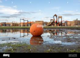 Selective focus on mud in front of a basketball sitting in a mudpuddle of  water at a school playground Stock Photo - Alamy