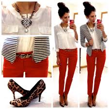 Black And White Striped Shirt With Red Pants Leopard Style For Work Cute Red Skinny Pants White Shirt Striped Black And White Blazer Leopard Print Business Casual Outfits Casual Outfit Inspiration Fashion