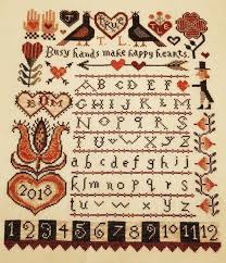 Colour chart, 14 count speckled aida fabric, dmc threads and needle. Happy Hearts Sampler By Birds Of A Feather Cross Stitch Cross Stitch Embroidery Bird Feathers