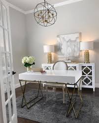 Home Office Inspiration White And Gold Desk White Mirrored Sideboard Gold Table Lamps Gray Rug Zga Home Office Decor Home Office Design Modern Home Office