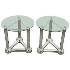 Pair Mid Century Modern Chrome Ball Orb Atomic Era Round Glass Side End Tables Glass End Tables Chrome Ball Chrome