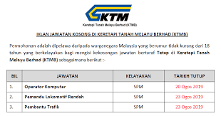 Permohonan jawatan kosong di keretapi tanah melayu berhad (ktmb) berikut merupa… written by admin tuesday, january 26, 2021 1 comment edit. Jawatan Kosong Keretapi Tanah Melayu Berhad Ktmb Kelayakan Minimum Spm Jawatan Kosong Kerajaan Swasta Terkini Malaysia 2021 2022