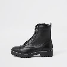 Black Lace Up Flat Hiker Ankle Boots River Island