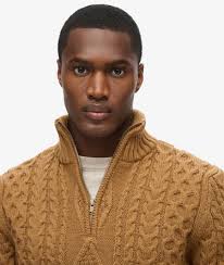 mens Vintage Jacob Cable Knit Half Zip Jumper in Classic Brown Camel