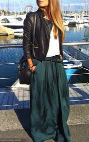 Dark Teal Silk Maxi Skirt White Tee Leather Jacket Maxi Skirt Outfits Fashion Silk Maxi Skirt