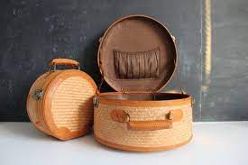 Vintage Travelers Set Hinomoto Vintage Rattan Woven Hat Box Train Case Luggage Two Piece Travelers Set Two P Vintage Handbags Vintage Rattan Rattan Weave