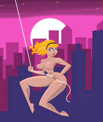 1girls blonde hair blue eyes city female gwen stacy hairband  headband large breasts lipstick long hair marvel nude pizzalazerbot red  lipstick solo spider-gwen spider-man (series) sunset swinging wide hips |