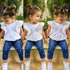 2pcs Toddler Kids Baby Girl Outfit Ruffle Fly Sleeve Tops Blouse Pants Jeans Set Fashion Clothing Sho Ropa Infantil Para Nina Ropa Para Ninas Ropa Bebe Nina