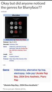 Probably The Truest List Of Genres For Blurryface One Pilots Twenty One Twenty One Pilots
