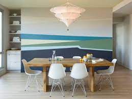 Modern Dining Room With Abstrac Wall Mural Dining Room Walls Dining Room Design Striped Walls