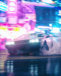 Dmc Delorean Car Drifting Drift Neon Colors Synthwave Vaporwave New Retro Wave Retrowave 80s Flying Pejzazhi Retro Futurizm Retro Volny