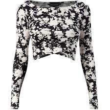 Black And White Crop Top Long Sleeve Black Long Sleeve Floral Print Wrap Crop Top Black And White Crop Tops Black Floral Shirt Evening Wear Tops
