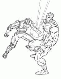 Iron man standing fiercely with an airplane in the background. Iron Man Free Printable Coloring Pages For Kids
