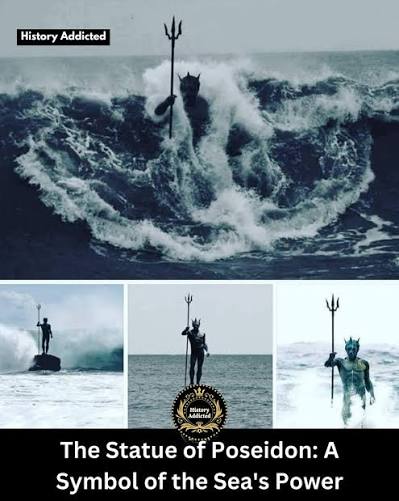 A remarkable sculpture of Poseidon, the Greek god of the sea, stands as a  dynamic monument to the power of nature. Crafted to interact with its  environment, this statue dramatically appears and