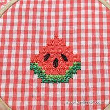 A dot inside a square indicates where a stitch should be made on the fabric. Gingham Embroidery Watermelons Free Pattern Instructions Needlenthread Com