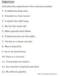 Adjectives are one of the traditional eight english parts of speech, though linguists today distinguish adjectives from words such as determiners that were formerly considered to be adjectives. English Class 1 Adjectives Underline The Adjectives In The Sentences Worksheet 1