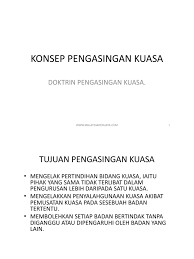 Di malaysia pengamalan doktrin tersebut berbeza daripada bentuk asalnya. Konsep Pengasingan Kuasa