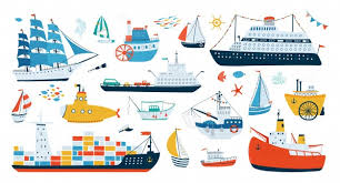 El transporte marítimo puede trasladar personas (pasajeros) o cosas (cargas sólidas, líquidas o gaseosas) por mar de un punto geográfico a otro a bordo de un buque. Conjunto De Transporte Maritimo Estilo De Dibujos Animados Vector Premium