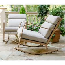 Rocking chairs are a stylish way to unwind outdoors. Leisure Made Talbot Aluminum Outdoor Rocking Chair With Tan Cushions 2 Pack 243968 The Home Depot