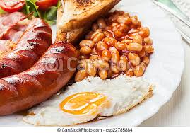 Remove from oven and move the bacon and sausages around, making 4 empty spaces for the eggs. Full English Breakfast With Bacon Sausage Fried Egg And Baked Beans Full English Breakfast With Bacon Sausage Fried Egg Canstock