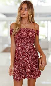 Better With You Red Floral Pattern Short Sleeve Off The Shoulder Skater Flare Casual Mini Dress Mini Dress Casual Short Dresses Casual Casual Dresses