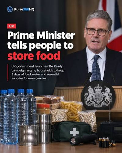The British government has urged households to keep at least three days' supply of bottled water and non-perishable food, citing growing cyber threats, extreme weather and other emergencies. The advi