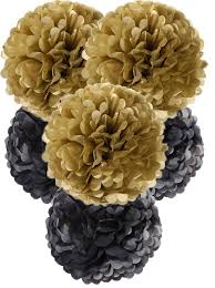 Black And Gold Pom Poms Decorations Gold And Black Poms Black Gold Party Gold Party New Years Eve Decorations