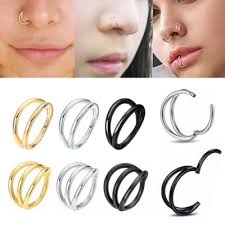 Nose Ring Double Septum Clicker Hoop Double Hoop Nose Ring 14K Gold Plated  Surgical Steel (16G