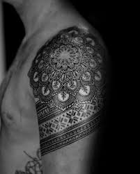 The more you look at them, the more depth and complexity you notice. 50 Geometric Arm Tattoo Designs For Men Bicep Ink Ideas Mandala Arm Tattoos Arm Tattoo Geometric Tattoos Men