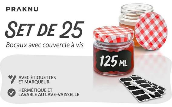 Praknu Pots à Confiture avec Couvercle - 25 Bocal en Verre 125 ml - Avec étiquettes & stylo - Étanche à l'air - Résistant au lave-vaisselle - Idéal pour faire un cadeau :