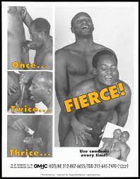 Sequence of five photographs depicting two black gay men having safe sex  using a condom with lubricant; an advertisement for condoms and safer sex  by the Gay Mens Health Crisis. Colour lithograph