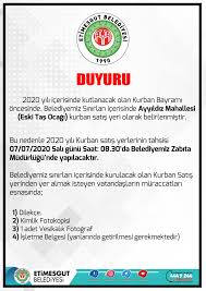 Etimesgut belediyesi firmasının adres ve telefon bilgilerine sitemizden ulaşabilirsiniz. Etimesgut Belediyesi Duyuru Etimesgut Ilcesi Ayyildiz Eski Tas Ocagi Kurban Satis Ve Kesim Alani Nda Kurbanlik Satisi Yapmak Isteyen Besicilerin 07 07 2020 Sali Gunu Gerekli Belgelerle Etimesgut Belediyesi Zabita Mudurlugu Ne Basvuru Yapmalari